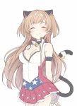  1girl 3.14 ^_^ animal_ears bangs bell bell_collar blush breasts cat_ears cat_tail cleavage closed_eyes closed_mouth collar cowboy_shot earrings eyebrows_visible_through_hair girls_frontline heart heart_earrings heart_print highlights jewelry jingle_bell long_hair medium_breasts mk_23_(girls_frontline) multicolored_hair pink_hair pleated_skirt purple_skirt simple_background skirt smile solo tail tail_bell two_side_up white_background 