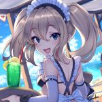  1girl commentary_request long_hair maid official_art original pokachu solo swimsuit tray twintails 