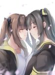  2girls absurdres bangs brown_hair closed_eyes closed_mouth collarbone eyebrows_visible_through_hair facing_another from_side girls_frontline grey_hair highres hood hoodie ina_(inadiary) long_hair multiple_girls open_clothes open_hoodie scar scar_across_eye shirt sidelocks simple_background smile twintails ump45_(girls_frontline) ump9_(girls_frontline) upper_body white_background white_shirt 