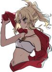  1girl blonde_hair fate/apocrypha fate_(series) green_eyes highres jacket long_hair navel ponytail ritsu_(roboroboro) saber_of_red solo 