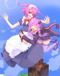  2girls blush bow character_request closed_eyes eyebrows_visible_through_hair facing_viewer hopepe long_hair looking_at_another maid maid_headdress multiple_girls open_mouth pink_hair purple_hair purple_legwear red_bow short_hair short_twintails smile thigh-highs twintails vocaloid voiceroid yuzuki_yukari 