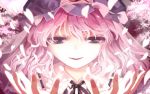  1girl cherry_blossoms face hat highres mob_cap petals pink pink_eyes pink_hair saigyouji_yuyuko short_hair smile solo suna_(s73d) touhou 