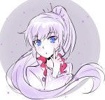  1girl blue_eyes hair_ornament iesupa jacket pointing pointing_at_self ponytail rwby solo weiss_schnee white_hair 