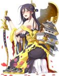  1girl bare_shoulders black_hair bow_(weapon) breasts castle crown emerane fingerless_gloves from_side full_body gloves hair_between_eyes holding holding_bow_(weapon) holding_weapon japanese_clothes kimono large_breasts long_hair mole mole_under_eye official_art oshiro_project oshiro_project_re petals red_eyes seiza sitting tamonyama_(oshiro_project) torn_clothes torn_kimono transparent_background very_long_hair weapon yuujou 