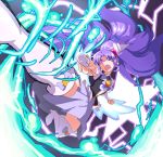  &gt;:o 1girl :o absurdres angry arm_warmers black_shirt boots brooch cure_fortune earrings energy full_body hair_ornament happinesscharge_precure! heart_hair_ornament highres hikawa_iona jersey_68 jewelry kicking lightning long_hair looking_at_viewer magical_girl open_mouth precure purple_hair purple_skirt shirt sidelocks skirt solo star star_earrings teeth thigh-highs thigh_boots violet_eyes white_boots 