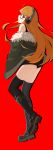  1girl absurdres boots brown_hair coat full_body fur_trim glasses headphones highres kent long_hair looking_back persona persona_5 red_background sakura_futaba shorts solo standing standing_on_one_leg thigh-highs violet_eyes 