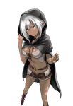  1girl belt blue_eyes boots breasts brown_legwear cleavage cloak closed_mouth cross-laced_footwear cutoffs dark_skin front-tie_top highres hood hooded_cloak hoodie large_breasts looking_at_viewer midriff navel open_fly pointy_ears short_hair short_shorts shorts simple_background solo standing tea_(nakenashi) white_background white_hair 