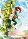  1boy bandaid bandaid_on_nose bare_shoulders belt bird boots brown_hair chicken clouds copyright_name feathers force_of_will gloves green_eyes leaf male_focus matsurika_youko official_art plant ponytail sky vines 