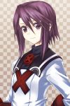  1girl character_request checkered checkered_background commentary_request hair_between_eyes highres long_sleeves looking_at_viewer purple_hair short_hair short_hair_with_long_locks sidelocks silve smile solo summon_night summon_night_2 turtleneck upper_body violet_eyes 