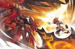  1boy 1girl armor armored_dress crimson_avenger_(elsword) elesis_(elsword) elsword elsword_(character) energy_sword gloves long_hair lord_knight_(elsword) octoman ponytail red_eyes redhead sword thigh-highs weapon wings 