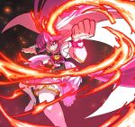  1girl aino_megumi angry black_shirt boots bow bright_pupils brooch cape clenched_hand clenched_teeth cure_lovely fighting_stance fire full_body happinesscharge_precure! highres jersey_68 jewelry long_hair looking_at_viewer magical_girl pink_bow pink_eyes pink_hair pink_skirt ponytail precure puffy_sleeves shirt sidelocks skirt solo teeth thigh-highs thigh_boots white_boots wrist_cuffs 