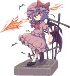  &gt;:( 1girl ankle_socks ascot bangs bat bat_wings bow brick_floor clenched_hand closed_mouth cross frilled_shirt frilled_skirt frilled_sleeves frills frown full_body hair_between_eyes hat hat_bow hat_ribbon holding holding_weapon loafers lowres mob_cap moss outstretched_arms pink_shirt pink_skirt pixel_art puffy_short_sleeves puffy_sleeves purple_hair red_bow red_eyes red_ribbon remilia_scarlet ribbon shirt shoes short_hair short_sleeves skirt socks solo spear_the_gungnir standing touhou usamata weapon white_legwear wings 
