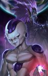 2boys alien back-to-back bald black_skin cabalfan character_name closed_mouth collarbone crossover cyclops dragon_ball dragonball_z earrings earth energy evil_smile frieza hand_up height_difference highres jewelry long_hair looking_at_viewer looking_back lord_boros male_focus multicolored multicolored_skin multiple_boys muscle one-eyed one-punch_man planet pointy_ears purple_hair purple_skin red_eyes serious slit_pupils smile smirk space spikes spiky_hair trait_connection upper_body white_skin yellow_eyes 