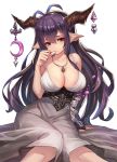  1girl antenna_hair arm_at_side bandage bandaged_arm black_gloves black_hair blush breasts cleavage closed_mouth collarbone contrapposto corset crescent danua doraf dress fingerless_gloves frown gloves granblue_fantasy grey_dress hair_between_eyes head_tilt horn_ornament horns jewelry large_breasts long_hair looking_at_viewer necklace pendant pointy_ears purple_hair raijuu_(bakanara) red_eyes single_glove sitting sleeveless sleeveless_dress solo thumb_to_mouth underbust very_long_hair 