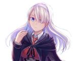  1girl bangs black_cape black_jacket blonde_hair blue_eyes cape closed_mouth expressionless hair_ornament_removed hair_over_one_eye hairband hand_up highres holding jacket lexington_(cv-16)_(zhan_jian_shao_nyu) long_hair looking_at_viewer necktie red_necktie shirt solo swept_bangs ululan underbust upper_body white_background white_shirt zhan_jian_shao_nyu 