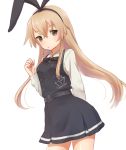  1girl alternate_costume anchor_hair_ornament artist_name asashio_(kantai_collection) asashio_(kantai_collection)_(cosplay) belt black_hairband black_ribbon blonde_hair brown_eyes cosplay cowboy_shot dress hair_ornament hairband kantai_collection long_hair nuno_(pppompon) pinafore_dress ribbon school_uniform shimakaze_(kantai_collection) simple_background solo standing white_background 