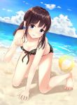  1girl all_fours ball beach beachball blue_eyes blush breasts brown_hair burenbo cleavage collarbone eyebrows_visible_through_hair full_body highres looking_at_viewer medium_breasts original parted_lips short_twintails smile solo swimsuit twintails water 