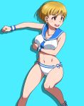  1girl bikini blonde_hair blue_background blush breasts brown_eyes fukuda_noriko idolmaster idolmaster_million_live! open_mouth puge sailor_bikini sailor_collar sailor_swimsuit_(idolmaster) short_hair solo sparkle swimsuit 