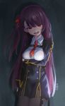  1girl absurdres angry blush breasts eyebrows_visible_through_hair girls_frontline hair_ribbon highres ildy long_hair looking_at_viewer medium_breasts necktie open_mouth purple_hair red_eyes red_necktie side_ponytail solo standing teeth wa2000_(girls_frontline) 