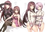  2girls absurdres anmi arm_ribbon arm_up bangs black_legwear blush bodysuit breasts brown_hair cleavage commentary_request covered_navel dress fate/grand_order fate_(series) feet hair_over_one_eye highres huge_filesize large_breasts legs_crossed lingerie long_hair looking_at_viewer multiple_girls naked_sweater negligee no_shoes purple_hair red_eyes ribbed_sweater ribbon scathach_(fate/grand_order) shielder_(fate/grand_order) short_hair simple_background sleeves_past_wrists smile standing sweater sweater_dress thigh-highs thighs turtleneck turtleneck_sweater underwear very_long_hair violet_eyes white_background white_sweater 