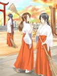  3girls :&lt; absurdres autumn_leaves black_hair broom brown_eyes closed_eyes closed_mouth commentary_request eyebrows_visible_through_hair full_body grin hakama head_tilt highres holding holding_broom japanese_clothes long_hair looking_at_another looking_at_viewer low_ponytail messy_hair miko multiple_girls original outdoors profile rake red_hakama sleepy smile standing suzuki-shi sweatdrop tabi tears torii tree very_long_hair waving white_legwear yawning 