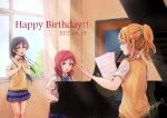  3girls :d ayase_eli bangs blazer blonde_hair blue_bow blue_bowtie blue_eyes blue_sky blush bow bowtie brown_eyes collared_shirt curtains dated day diagonal_stripes door eyebrows_visible_through_hair grand_piano hair_between_eyes hair_ornament hair_scrunchie happy happy_birthday high_ponytail highres holding holding_paper indoors instrument jacket lens_flare lilylion26 long_hair looking_at_viewer love_live! love_live!_school_idol_project multiple_girls nishikino_maki open_mouth own_hands_together paper piano profile purple_hair redhead scrunchie sheet_music shirt short_hair short_sleeves signature sky smile sonoda_umi striped striped_bow striped_bowtie sunlight vest violet_eyes white_curtains white_scrunchie white_shirt window wing_collar yellow_vest 