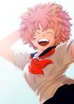  1girl ^_^ ^o^ absurdres antennae arm_up ashido_mina boku_no_hero_academia breasts closed_eyes happy highres looking_at_viewer medium_breasts open_mouth pink_hair pink_skin pleated_skirt school_uniform serafuku short_hair short_sleeves simple_background skirt smile solo teeth upper_body white_background 