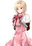  1girl blonde_hair blush brown_eyes djeeta_(granblue_fantasy) eyebrows_visible_through_hair gen_(gen_7254) gift granblue_fantasy hairband holding holding_gift looking_at_viewer red_ribbon ribbon solo 