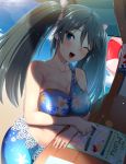  10s 1girl ayagi_daifuku beach bikini blue_bikini blue_eyes blue_hair breasts collarbone floral_print isuzu_(kantai_collection) kantai_collection large_breasts long_hair navel ocean one_eye_closed open_mouth smile solo stomach swimsuit twintails 