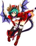  1girl aqua_hair black_legwear boots demon_tail full_body gloves hat highres horns leaning_forward looking_at_viewer red_boots red_eyes red_hat rukia_moon shinrabanshou shuuha_arutsu smile solo standing sword tail thigh-highs weapon white_gloves wings 