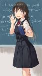  1girl bangs black_dress black_hair black_skirt blouse blush chalkboard dress eraser hand_up highres hiwatari_rin holding long_hair looking_at_viewer math open_mouth original pinafore_dress pleated_skirt short_sleeves skirt smile solo standing violet_eyes white_blouse 