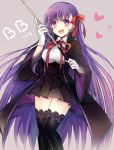  1girl bangs bb_(fate/extra_ccc) black_coat black_dress blush character_name coat dress eyebrows_visible_through_hair fate/extra fate/extra_ccc fate_(series) gloves heart heart-shaped_pupils holding long_hair looking_at_viewer open_clothes open_coat open_mouth pleated_dress purple_hair riding_crop short_dress smile solo symbol-shaped_pupils thigh-highs very_long_hair violet_eyes white_gloves yimu 