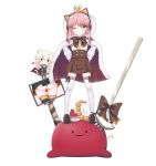  2girls animal_ears bangs bismarck_(zhan_jian_shao_nyu) bow bowtie brown_bow brown_bowtie brown_cloak brown_shoes brown_skirt buttons chibi cloak closed_mouth crown doll earphones fake_animal_ears fork fur-trimmed_cloak fur_trim galo_(zhan_jian_shao_nyu) hands_on_hips heart high-waist_skirt highres hood hooded_cloak legs_apart loafers long_hair long_sleeves looking_at_viewer mini_crown multiple_girls one_eye_closed parted_bangs pink_hair pleated_skirt raised_eyebrows screen shirt shoes skirt sleeves_folded_up solo_focus sorry_(4627156) standing standing_on_object thigh-highs tirpitz_(zhan_jian_shao_nyu) white_fur white_legwear white_shirt yellow_eyes younger zettai_ryouiki zhan_jian_shao_nyu 