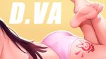  1girl ass back bare_back barefoot bikini brown_hair character_name close-up d.va_(overwatch) emblem facing_viewer feet from_side head_out_of_frame legs_crossed long_hair lying on_stomach overwatch pink_bikini soles solo string_bikini swimsuit tattoo toes wuguno_ziran_juan yellow_background 
