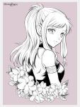  1girl braiding_hair fire_emblem fire_emblem:_seima_no_kouseki floral_background flower greyscale hairdressing komugikomix long_hair looking_at_viewer marica_(fire_emblem) monochrome simple_background solo 