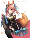  1girl :d animal_ears bangs black_legwear blue_bow blush bow breasts cleavage detached_sleeves fang fate/extra fate_(series) fox_ears fox_shadow_puppet fox_tail frills hair_between_eyes hair_bow hair_ornament hat long_hair looking_at_viewer medium_breasts mini_hat mini_top_hat o-ring o-ring_top open_mouth pink_background pink_hair plurk_username sitting smile solo tail tamamo_(fate)_(all) tamamo_no_mae_(fate) thigh-highs top_hat twintails two-tone_background white_background yellow_eyes yimu 