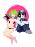  1boy 1girl ahoge bikini black_hair blush breasts demon_girl fang fuji_fujino green_hair midriff navel open_mouth pointy_ears small_breasts succubus swimsuit wings yuuutsu-kun_to_succubus-san 