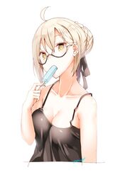  1girl ahoge artist_name bangs black-framed_eyewear black_ribbon blonde_hair braid breasts camisole collarbone cropped_torso eating eiri_(eirri) eyebrows_visible_through_hair fate/grand_order fate_(series) food food_in_mouth french_braid glasses hair_bun hair_ribbon heroine_x heroine_x_(alter) looking_at_viewer medium_breasts popsicle ribbon saber semi-rimless_glasses sidelocks signature simple_background sketch solo spaghetti_strap under-rim_glasses upper_body white_background yellow_eyes 