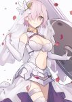  1girl aikanm alternate_costume bare_shoulders bodysuit breasts bridal_veil cleavage elbow_gloves fate/grand_order fate_(series) gloves hair_over_one_eye large_breasts navel purple_hair shield shielder_(fate/grand_order) short_hair smile solo thigh_strap thighs veil waist_cape white_background 