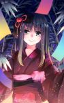  1girl black_hair bow eyelashes eyes_visible_through_hair floral_print green_eyes hair_bow hoshiyume_yashiro japanese_clothes kimono long_hair looking_at_viewer minashiro_orihime shiny shiny_hair sidelocks smile solo soukyuu_no_fafner tanabata tanzaku twitter_username wide_sleeves 