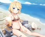  1girl alcohol alternate_breast_size artist_name bangs beach beer beer_mug bikini blonde_hair blue_eyes blue_sky blush breasts cannon cleavage closed_mouth clouds cup day hand_on_thigh hand_up hat hat_removed headwear_removed holding holding_cup looking_at_viewer machinery medium_breasts mtyy navel o-ring_bikini o-ring_top ocean outdoors parted_bangs peaked_cap pier seaside short_hair signature sitting sitting_on_ground sky skyline smile solo swimsuit torpedo z16_friedrich_eckoldt_(zhan_jian_shao_nyu) zhan_jian_shao_nyu 