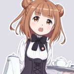  1girl beatrice_(princess_principal) blush bow brown_eyes brown_hair carrying corset cup double_bun grey_background kyak_bamboo open_mouth princess_principal saucer short_hair solo tea_set teacup teapot upper_body 