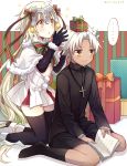  ... 1boy 1girl :o bangs bell black_gloves black_legwear blonde_hair blush book boots capelet cross cross_necklace dress elbow_gloves fate/grand_order fate_(series) fur_trim gift gloves headpiece jeanne_alter jeanne_alter_(santa_lily)_(fate) jewelry kneehighs kneeling kotomine_shirou long_hair long_sleeves necklace on_head open_book open_mouth parted_bangs plurk_username ruler_(fate/apocrypha) short_dress sitting thigh-highs thought_bubble wariza white_boots white_dress white_hair yellow_eyes yimu 