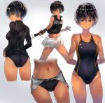  1girl arms_behind_back ass black_hair black_jacket black_panties black_shirt black_swimsuit breasts cafe_au_lait_(kafeore) close-up collarbone competition_swimsuit gradient gradient_background jacket long_sleeves looking_at_viewer looking_back medium_breasts midriff multiple_views navel one-piece_swimsuit original panties racket shiny shiny_hair shirt short_hair simple_background skindentation skirt sleeveless sleeveless_shirt sportswear sweat swimsuit tennis tennis_racket underwear upper_body white_skirt yellow_eyes 