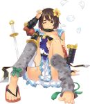  1girl artist_request ass barefoot breasts brown_hair feet flower full_body hair_flower hair_ornament hand_on_head lying official_art one_eye_closed oshiro_project oshiro_project_re petals short_hair single_shoe sitting sword tearing_up toes torn_clothes transparent_background tsuruga_(oshiro_project) weapon yellow_eyes 