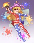  1girl american_flag_dress american_flag_legwear blonde_hair bushi_(1622035441) clownpiece fire full_body gradient gradient_background hair_between_eyes hat highres jester_cap long_hair long_sleeves neck_ruff no_panties open_mouth pantyhose pantyhose_pull pointy_ears polka_dot purple_background red_eyes solo star star_print striped teeth torch touhou 