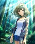  1girl artist_request bangs blue_eyes bracelet brown_hair collarbone day floral_print forest fringe green_eyes heterochromia idolmaster idolmaster_cinderella_girls jewelry looking_at_viewer mole mole_under_eye nature necklace official_art outdoors parted_lips short_hair shorts smile solo sunlight takagaki_kaede tree 