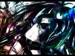  1girl black_bikini_top black_hair black_panties black_rock_shooter black_rock_shooter_(character) black_shorts blue_eyes breasts burning_eye chains cleavage floating_hair front-tie_top hair_betweene_eyes highleg highleg_panties holding holding_sword holding_weapon long_hair looking_at_viewer medium_breasts midriff navel panties parted_lips short_shorts shorts solo stomach sword under_boob underwear very_long_hair weapon 