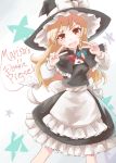  &gt;:d 1girl :d apron blonde_hair blush brown_eyes capelet commentary_request double_v hat highres ichi944 kirisame_marisa long_hair long_sleeves looking_at_viewer messy_hair open_mouth skirt skirt_set smile solo star touhou v very_long_hair vest waist_apron wavy_hair witch_hat 