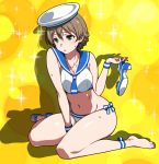  1girl ahoge barefoot bikini blush breasts feet green_eyes hat idolmaster idolmaster_million_live! idolmaster_million_live!_theater_days light_brown_hair navel puge sailor_bikini sailor_collar sailor_swimsuit_(idolmaster) sakuramori_kaori shoes_removed short_hair single_shoe sitting solo swimsuit toes wariza 